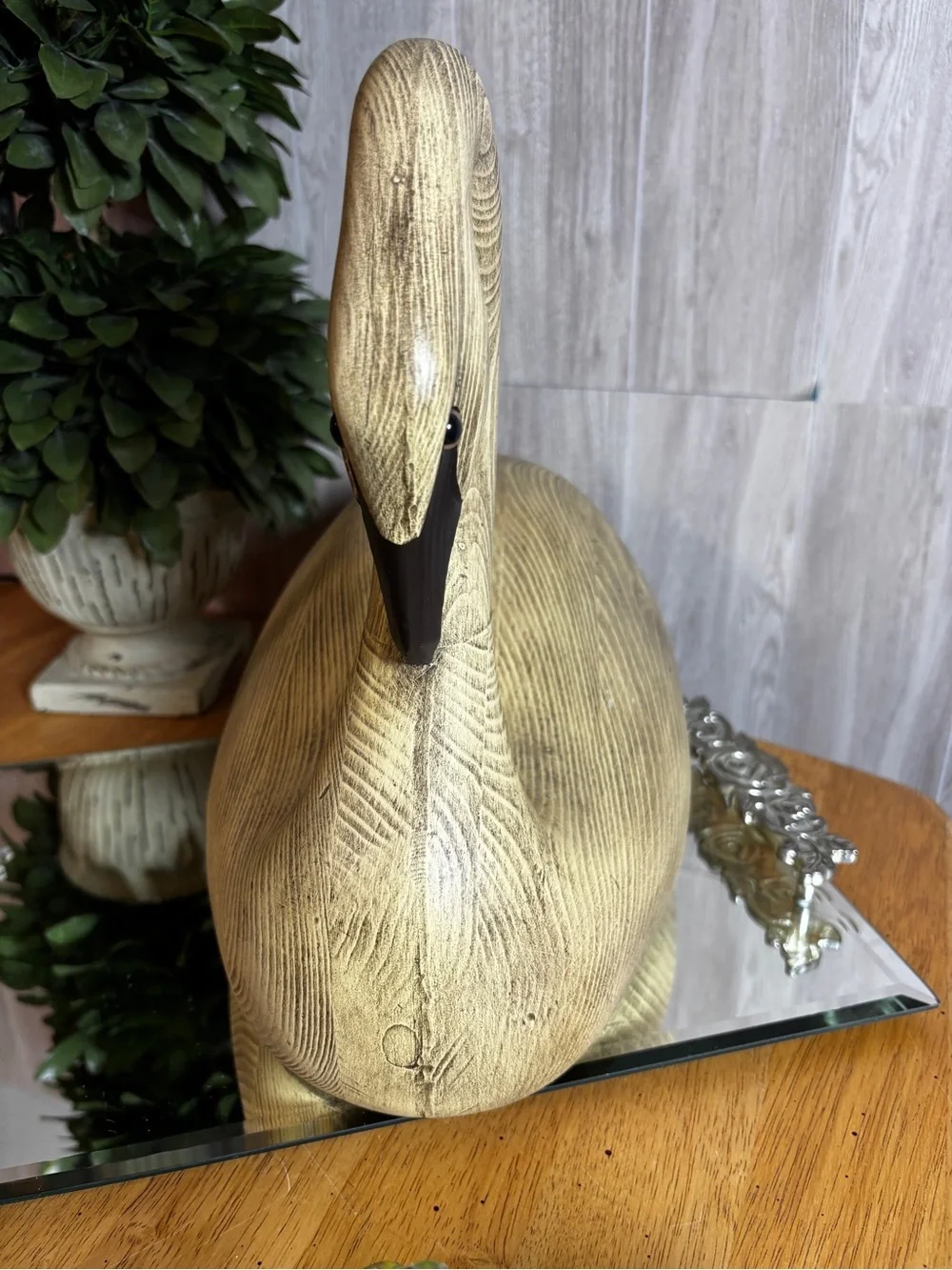 Vintage Large Faux Wood Grain Swan Sculpture Mid-Century Modern Coastal
